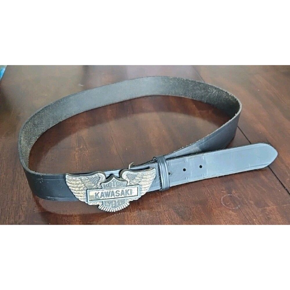 Vintage Kawasaki Motorcycles Buckle With Black Leather Belt, 49" - Picture 2 of 8